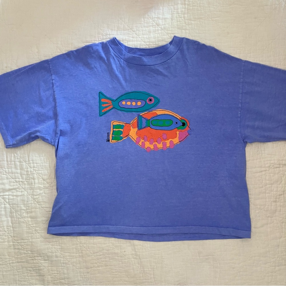 Fresh Produce Women’s Crop T Shirt Periwinkle Fish Vintage One Size Short Sleeve